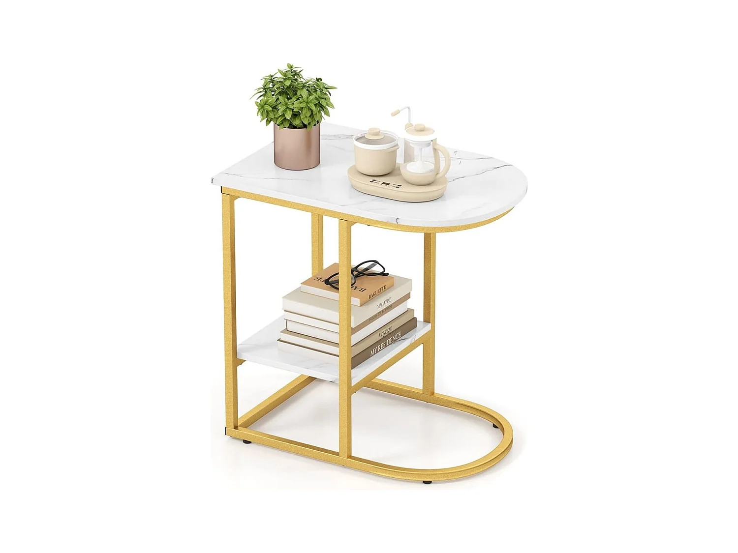 Tavolino a forma di c per soggiorno, Tavolino moderno da divano con piano in marmo finto e mensola per riporre Bianco
