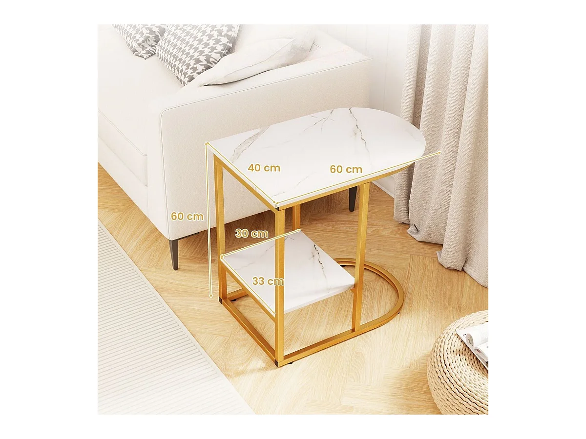 Tavolino a forma di c per soggiorno, Tavolino moderno da divano con piano in marmo finto e mensola per riporre Bianco