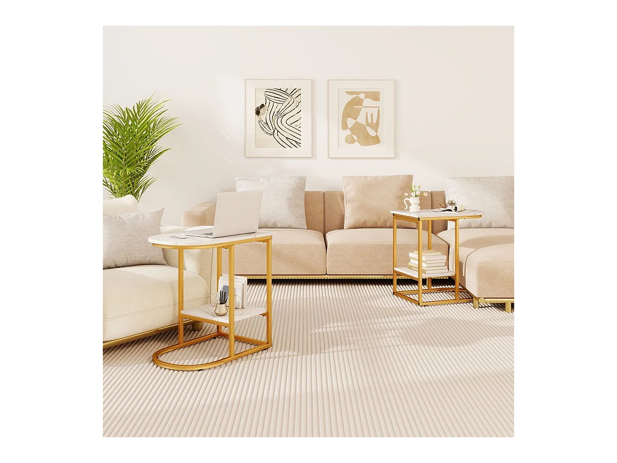 Tavolino a forma di c per soggiorno, Tavolino moderno da divano con piano in marmo finto e mensola per riporre Bianco