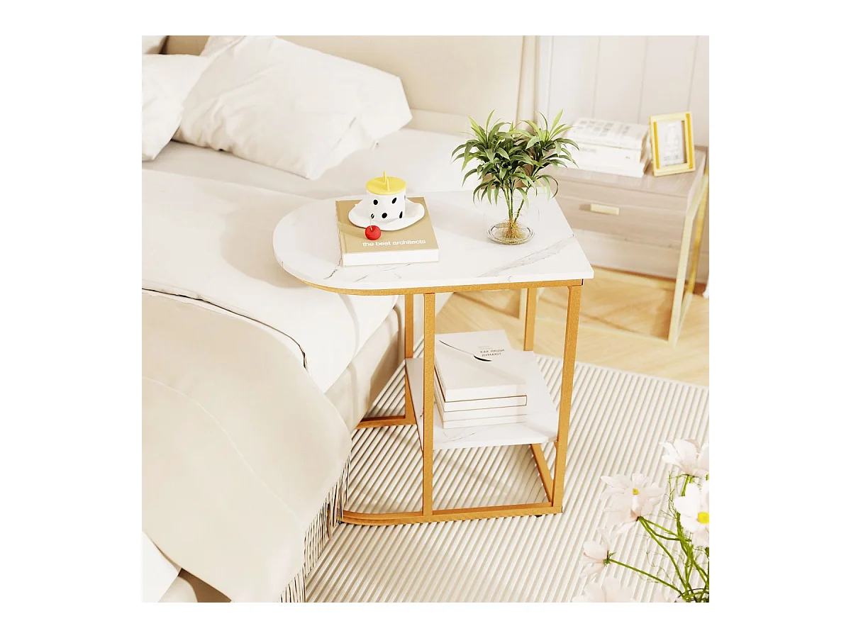 Tavolino a forma di c per soggiorno, Tavolino moderno da divano con piano in marmo finto e mensola per riporre Bianco