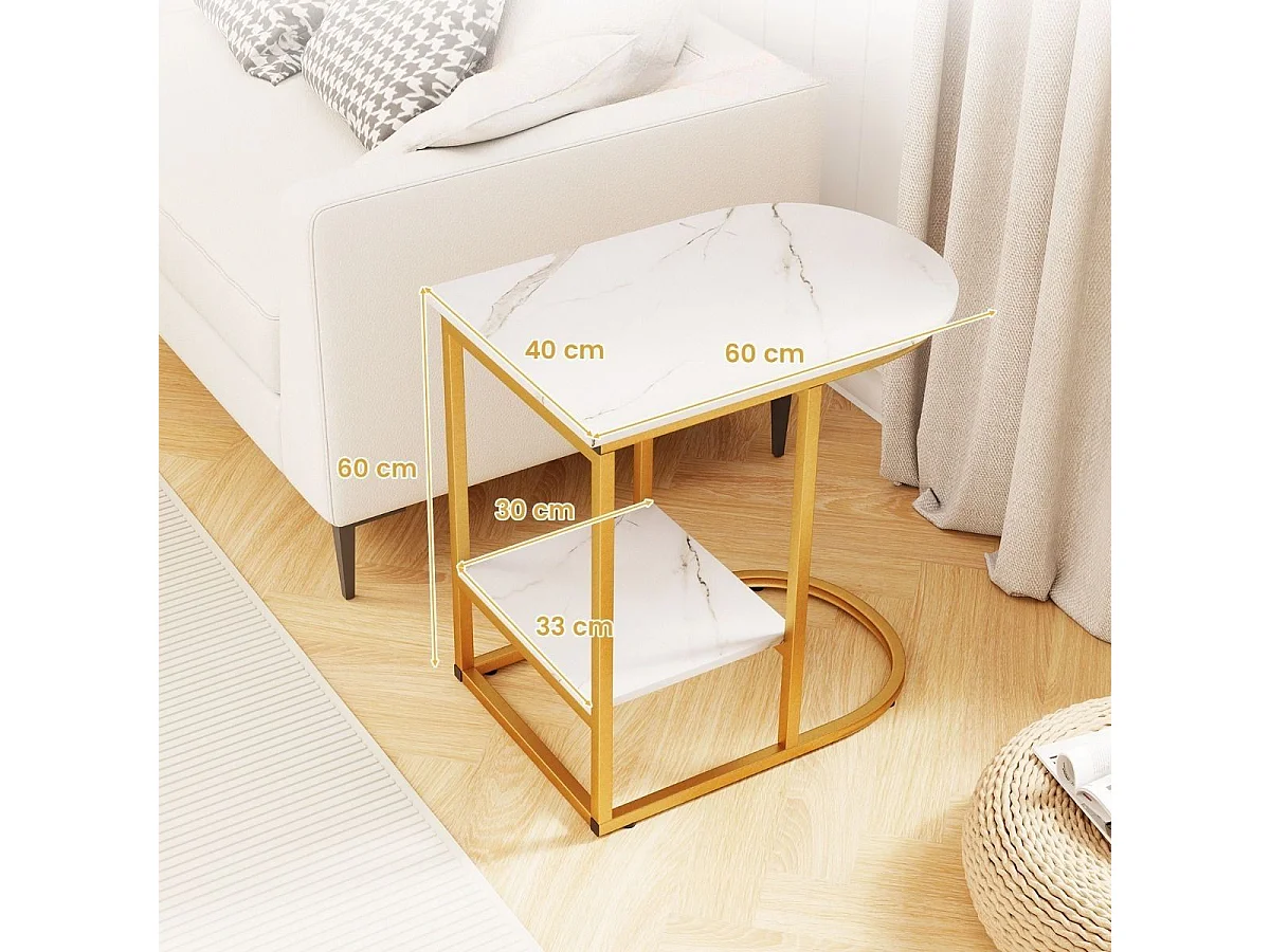 Beistelltisch mit Marmor Optik 2-stöckiger Sofatisch mit Ablagefläche C Form Kaffeetisch