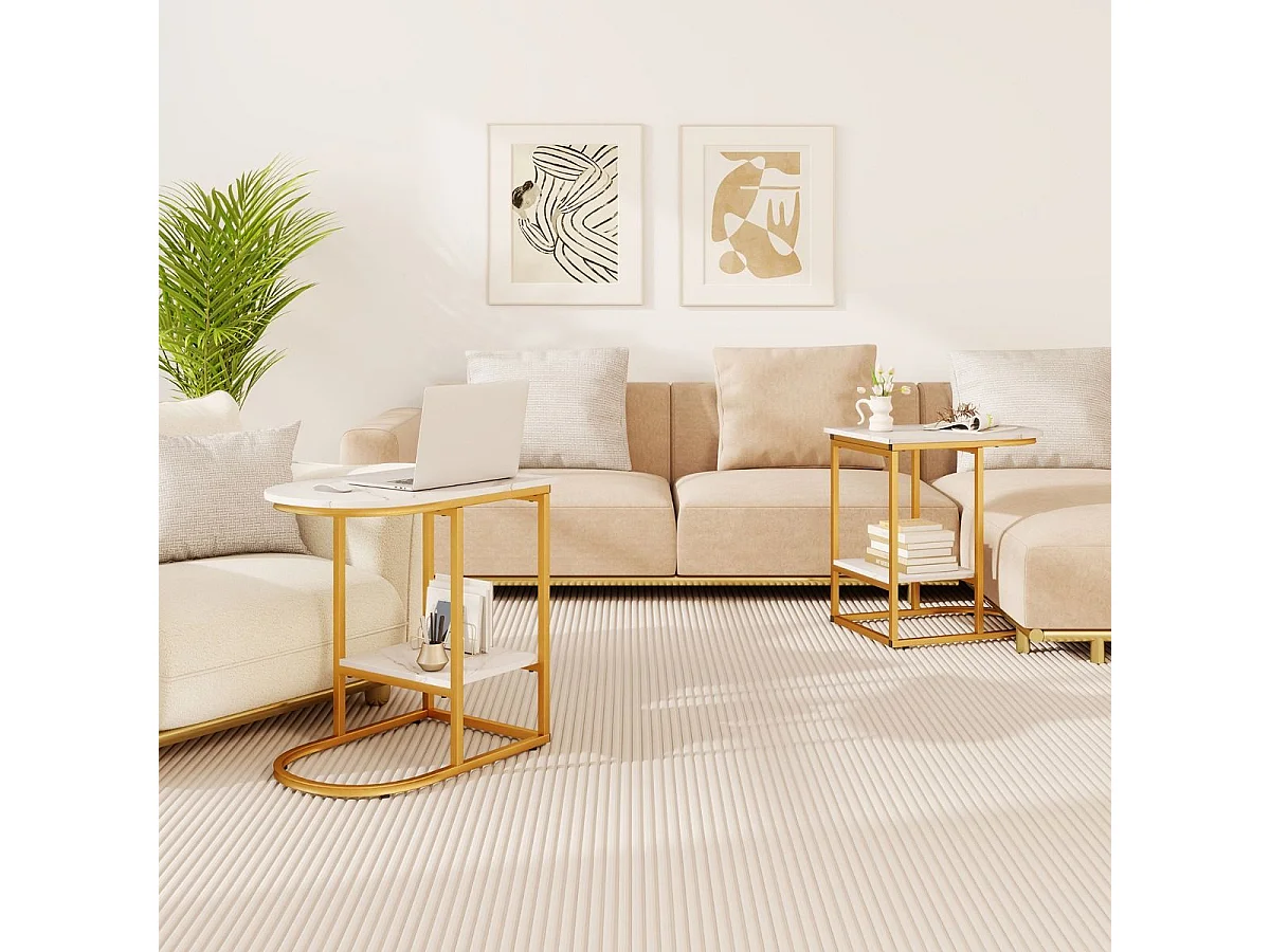 Beistelltisch mit Marmor Optik 2-stöckiger Sofatisch mit Ablagefläche C Form Kaffeetisch