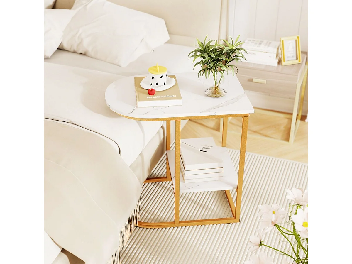 Beistelltisch mit Marmor Optik 2-stöckiger Sofatisch mit Ablagefläche C Form Kaffeetisch