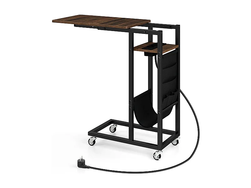 Tavolino da fine forma C con stazione di ricarica, Tavolino laterale con piano retrattile e ruote bloccabili Marrone