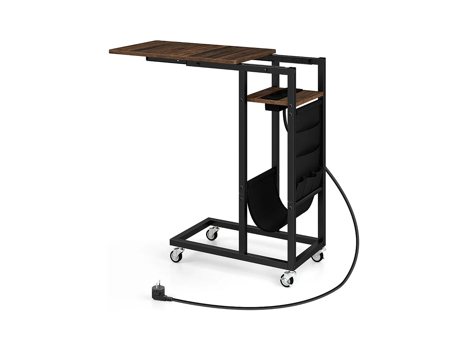 Tavolino da fine forma C con stazione di ricarica, Tavolino laterale con piano retrattile e ruote bloccabili Marrone