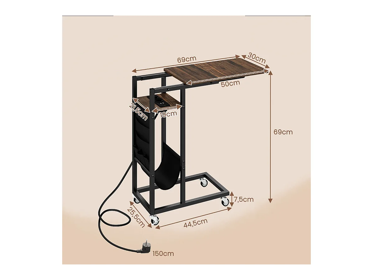 Tavolino da fine forma C con stazione di ricarica, Tavolino laterale con piano retrattile e ruote bloccabili Marrone