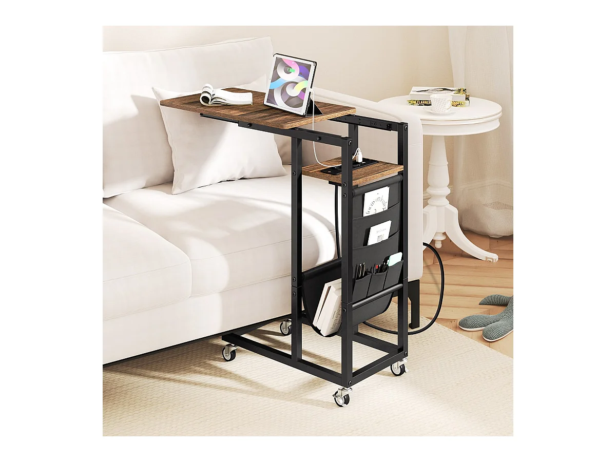 Tavolino da fine forma C con stazione di ricarica, Tavolino laterale con piano retrattile e ruote bloccabili Marrone