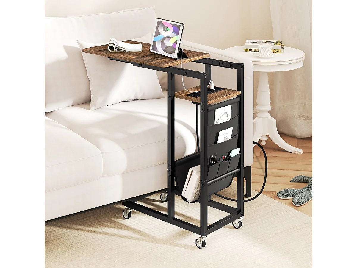 C-förmiger Beistelltisch mit Ladestation & Ausziehbarer Tischplatte & Seitentasche Sofatisch Braun