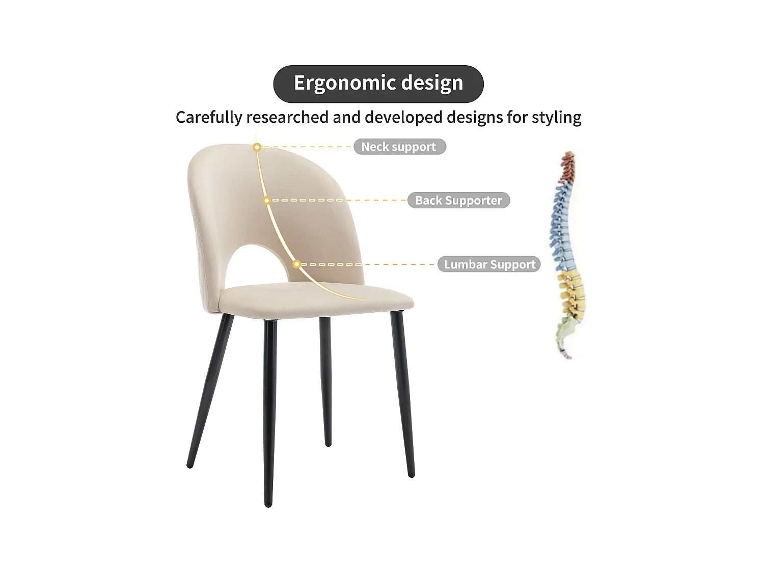 Conjunto de 2 cadeiras de jantar, veludo bege, encosto diamante, pernas de metal ajustáveis