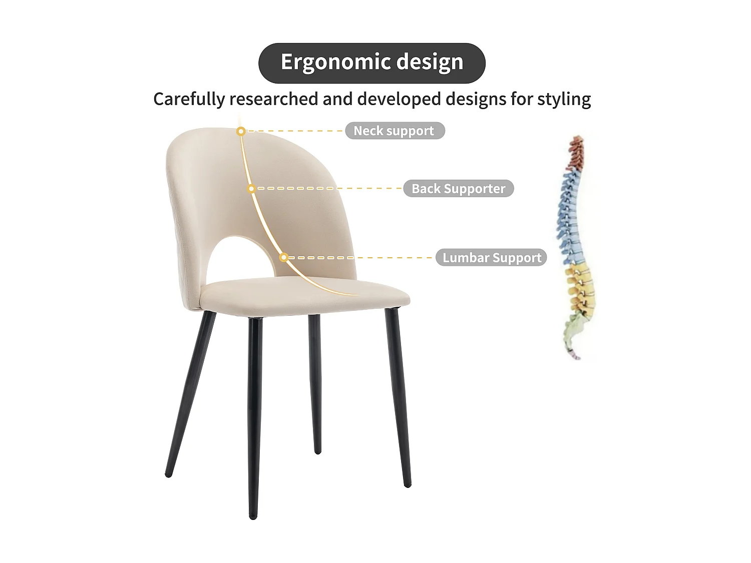 Conjunto de 2 cadeiras de jantar, veludo bege, encosto diamante, pernas de metal ajustáveis