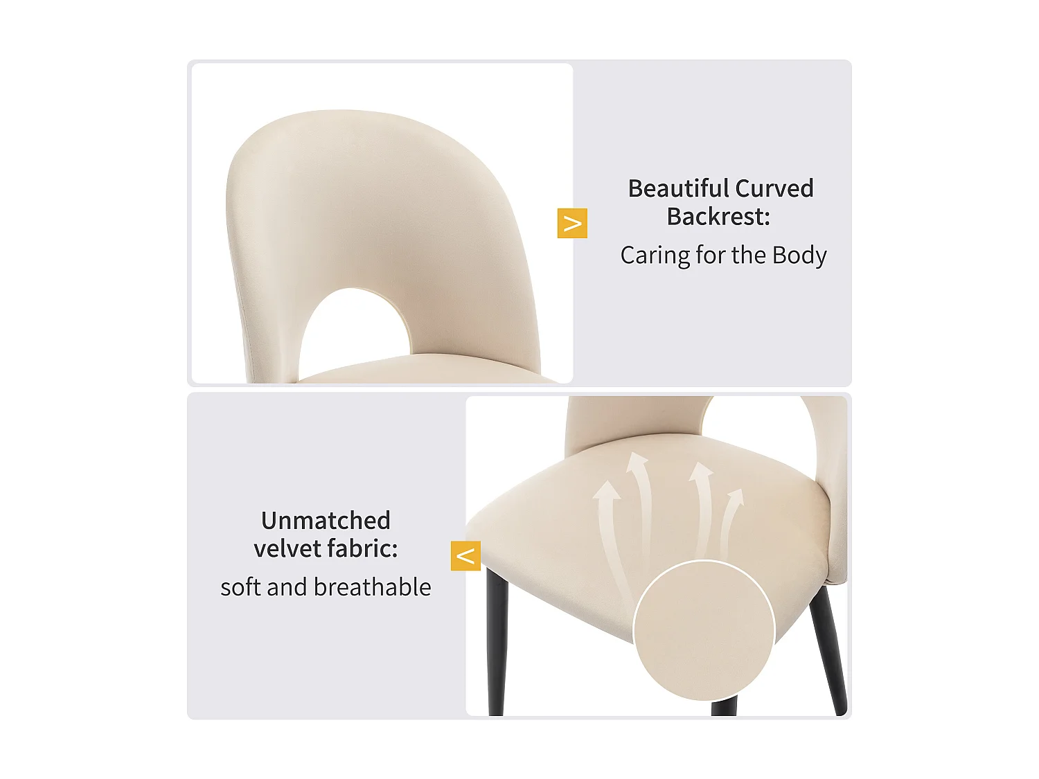 Conjunto de 2 cadeiras de jantar, veludo bege, encosto diamante, pernas de metal ajustáveis