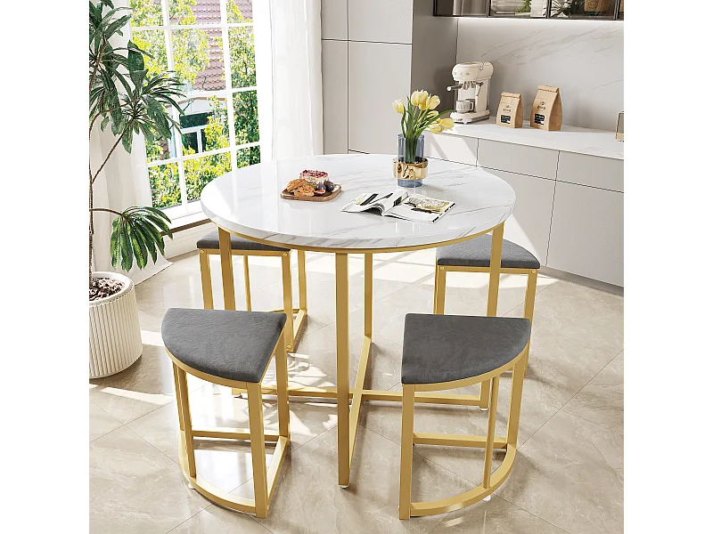Mesa Moderna com 4 Cadeiras Veludo Cinza, MDF e Estrutura de Ferro Dourado, Conjunto Elegante