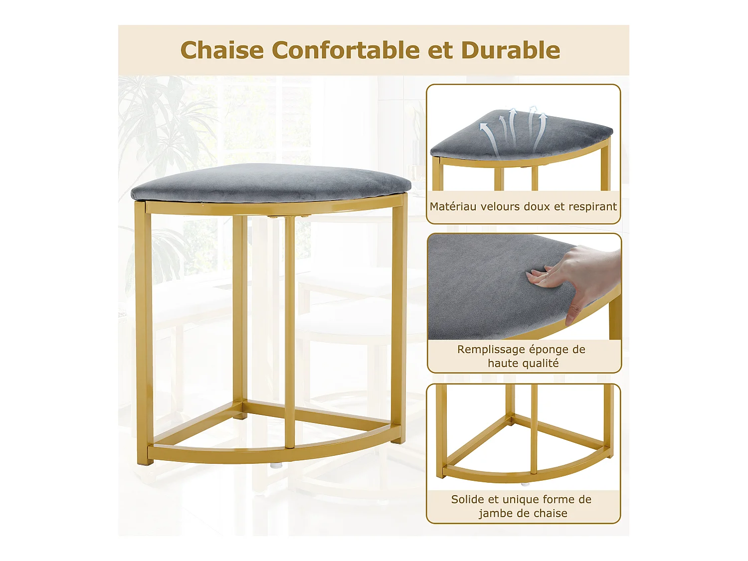 Mesa Moderna com 4 Cadeiras Veludo Cinza, MDF e Estrutura de Ferro Dourado, Conjunto Elegante