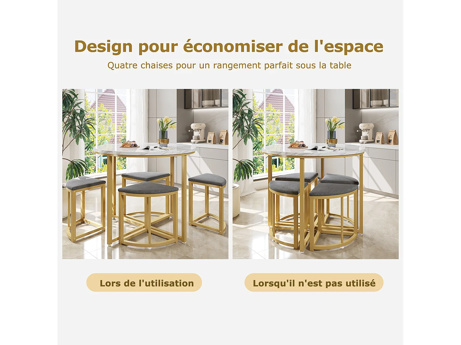 Mesa Moderna com 4 Cadeiras Veludo Cinza, MDF e Estrutura de Ferro Dourado, Conjunto Elegante