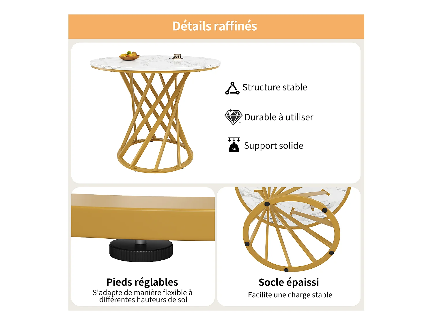 Mesa redonda de cocina o salón 80×80 cm, 4 personas, tablero MDF jaspeado, patas doradas, Color Blanco