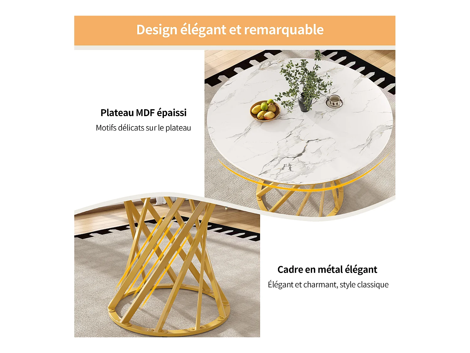 Mesa redonda de cocina o salón 80×80 cm, 4 personas, tablero MDF jaspeado, patas doradas, Color Blanco
