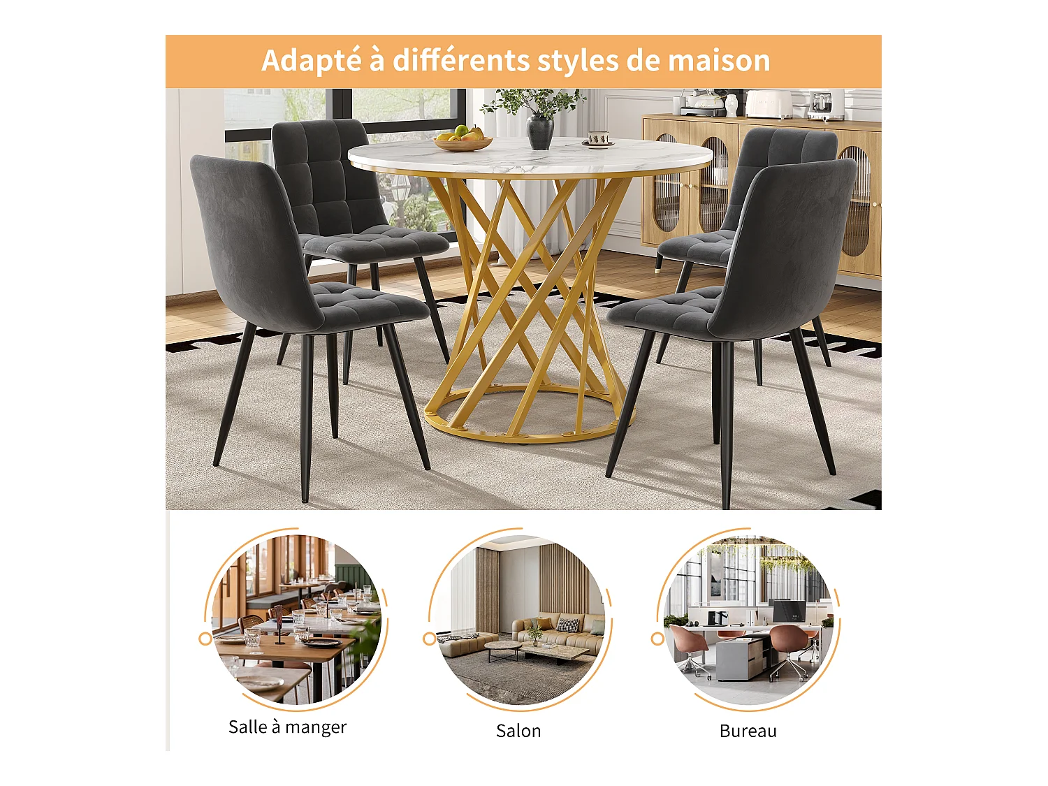 Mesa redonda de cocina o salón 80×80 cm, 4 personas, tablero MDF jaspeado, patas doradas, Color Blanco