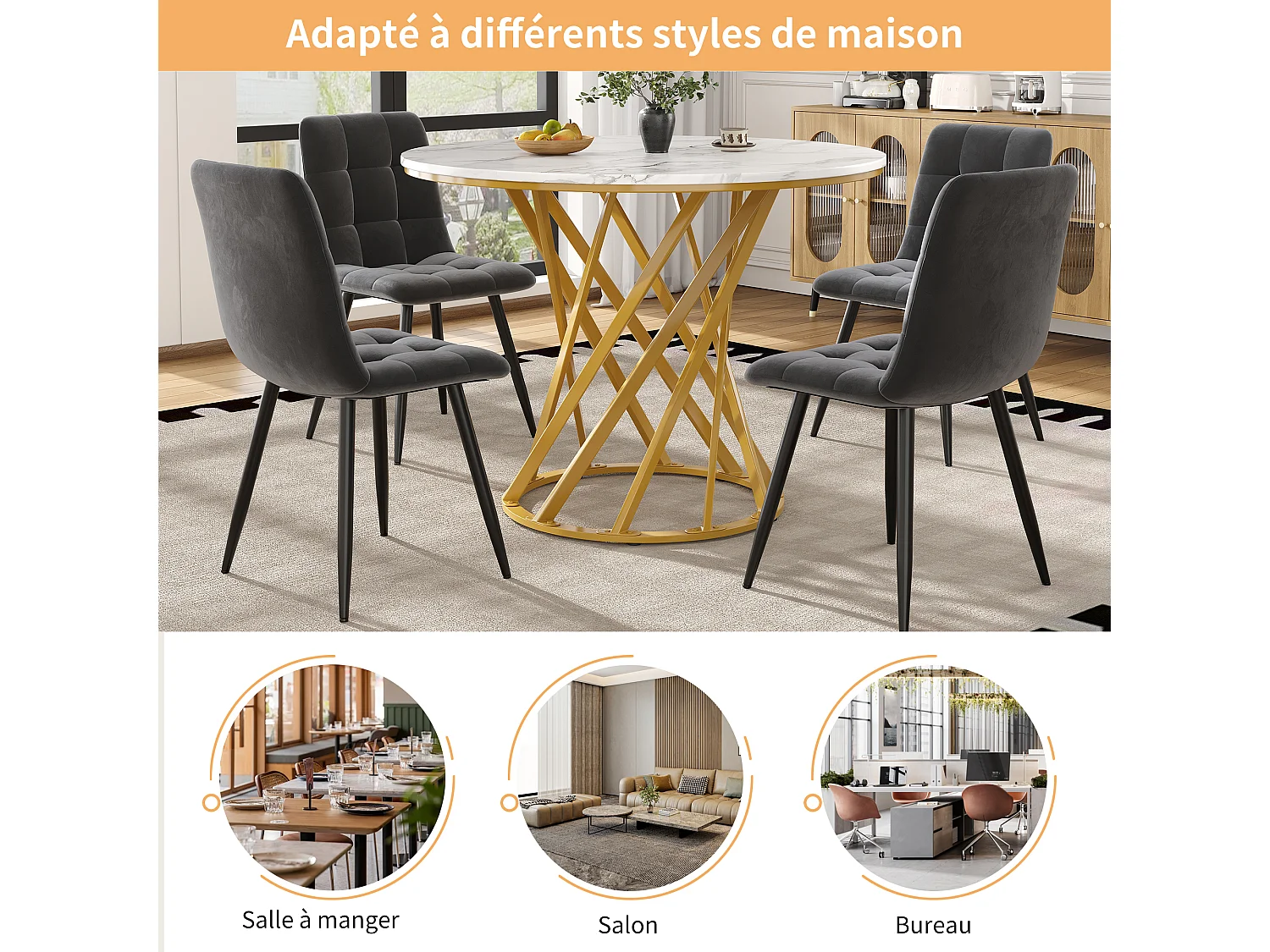 Table ronde cuisine ou salon 80×80 cm, 4 personnes, plateau MDF marbré, pieds dorés, Blanc