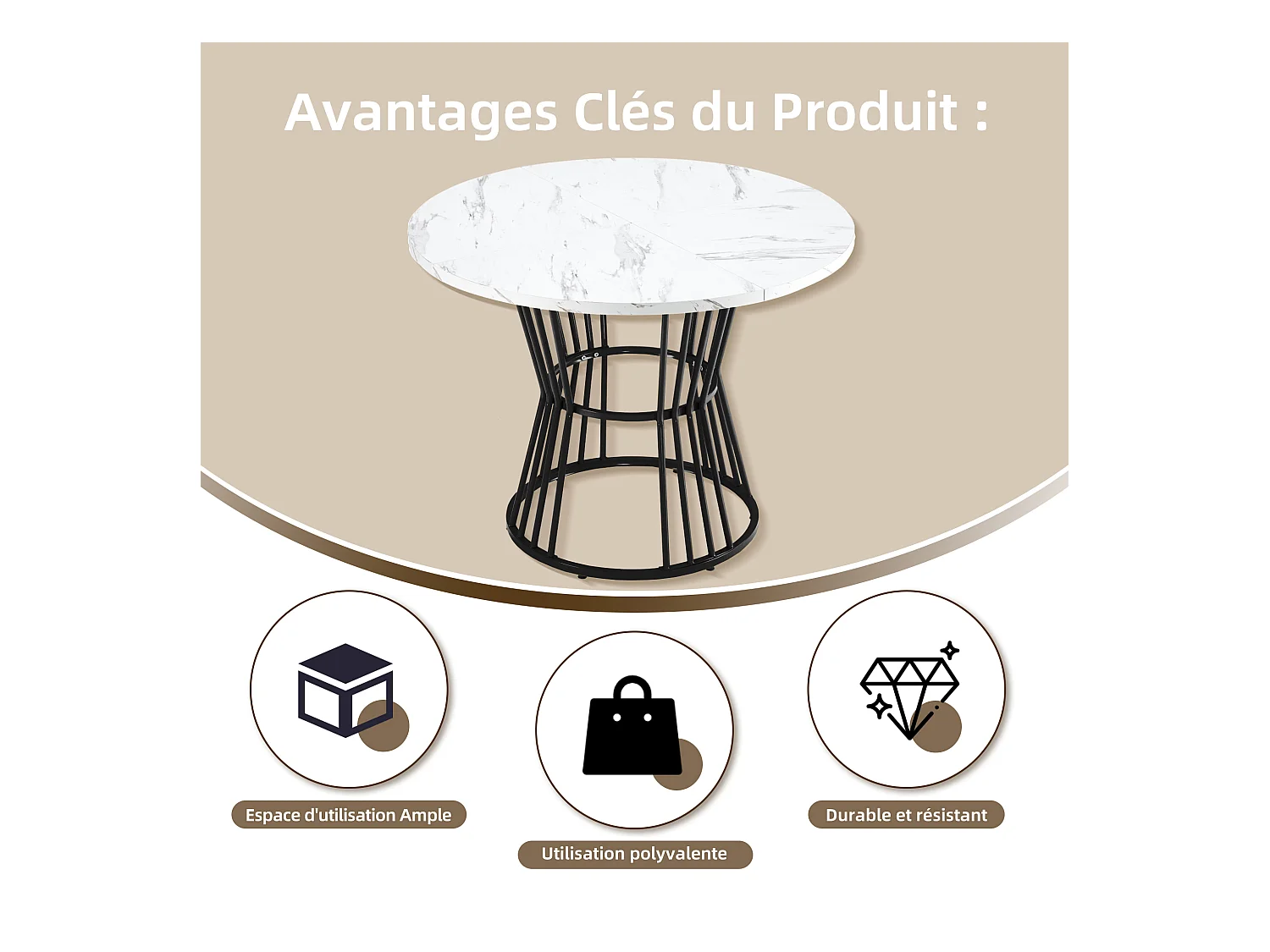 Mesa de comedor redonda, diseño de mármol, estructura de metal, adecuada para restaurante, comedor, color negro.