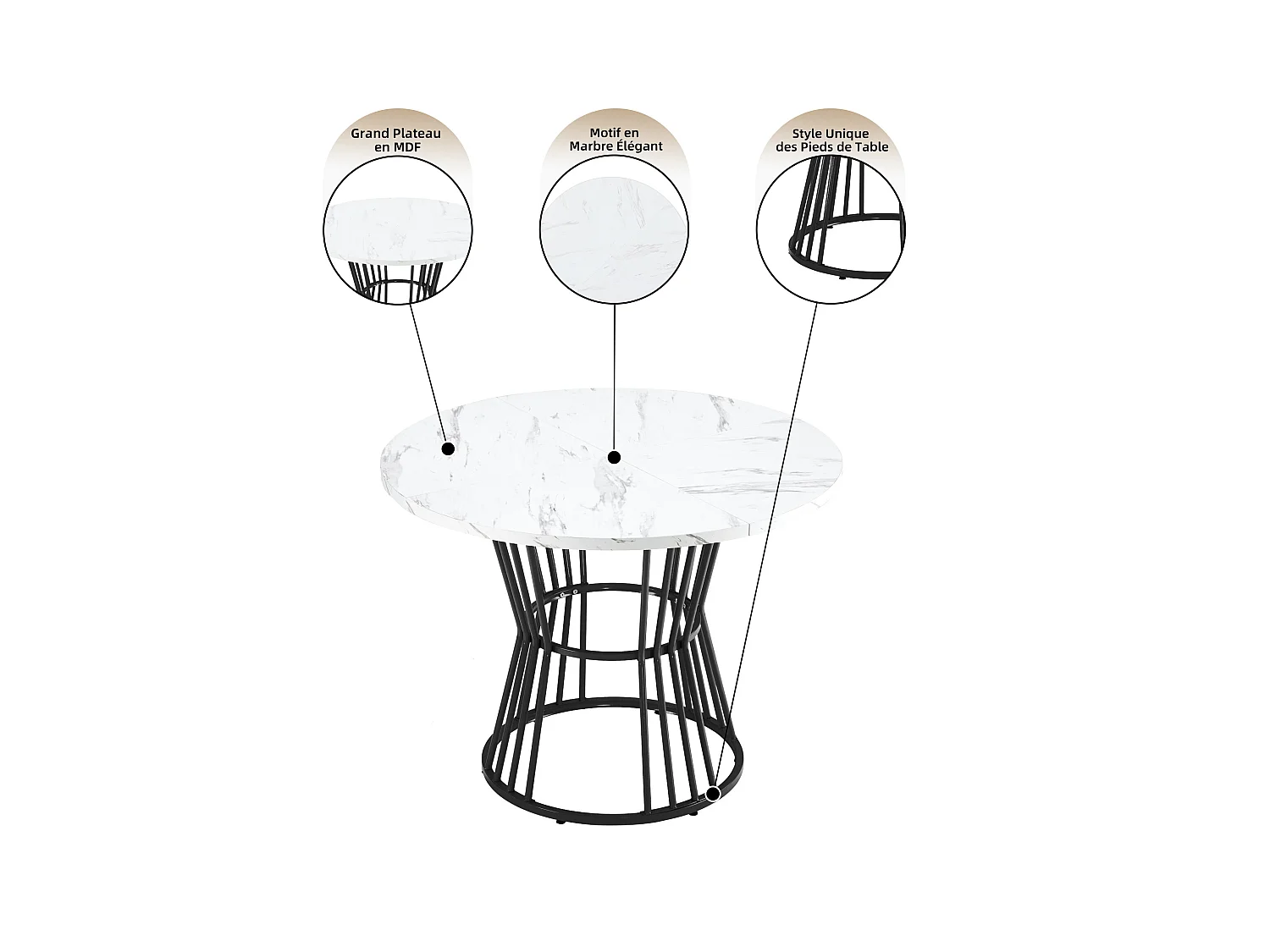 Mesa de comedor redonda, diseño de mármol, estructura de metal, adecuada para restaurante, comedor, color negro.