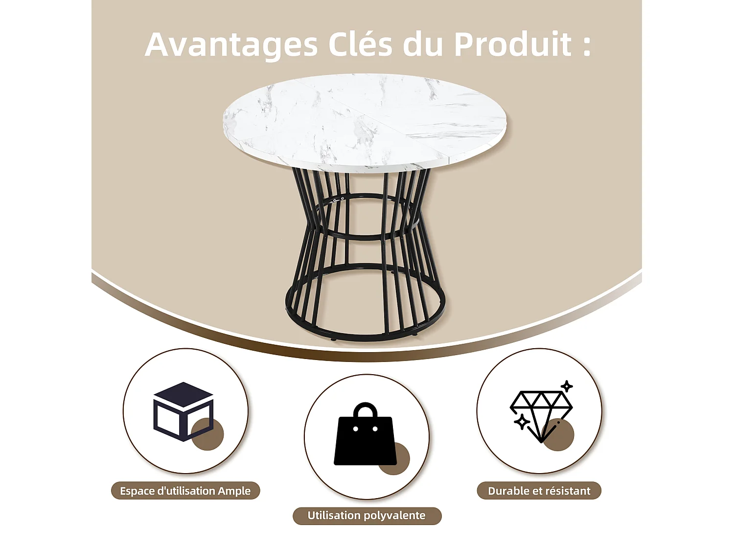 Mesa de comedor redonda, diseño de mármol, estructura de metal, adecuada para restaurante, comedor, color negro.