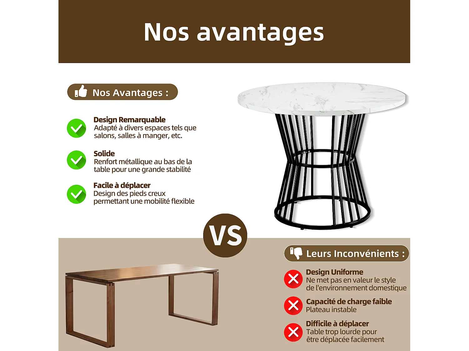 Mesa de comedor redonda, diseño de mármol, estructura de metal, adecuada para restaurante, comedor, color negro.