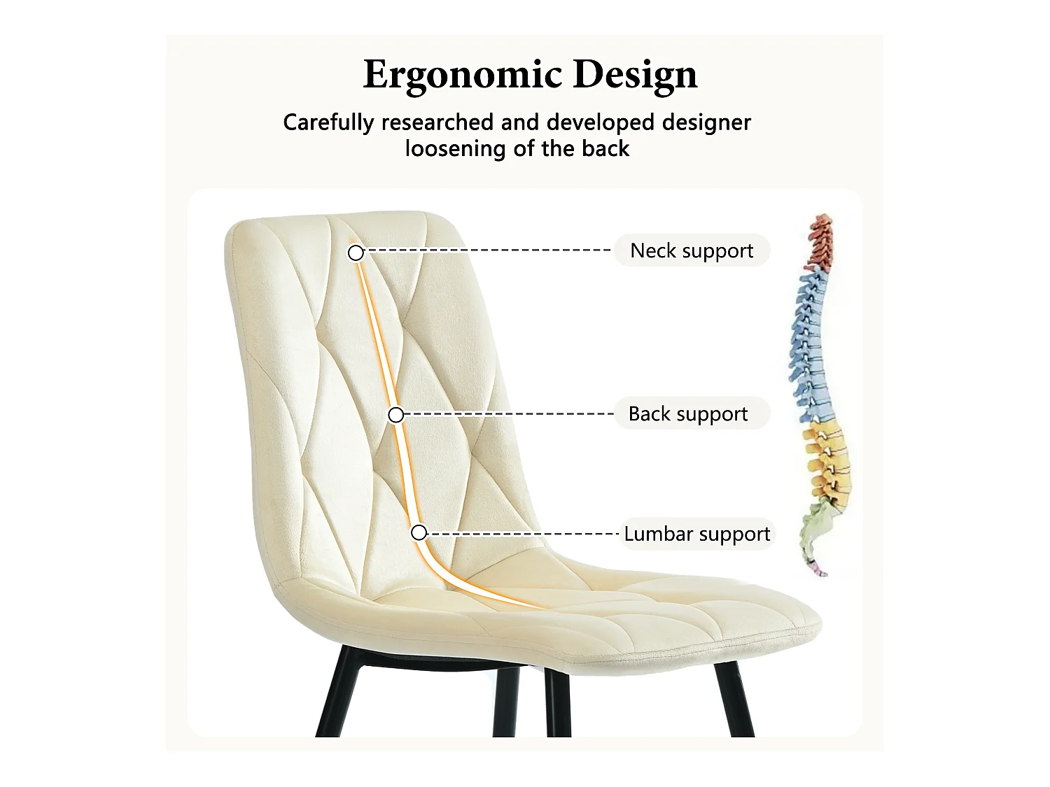 Conjunto de 4 cadeiras de jantar, bege, veludo, com encosto e pés de metal