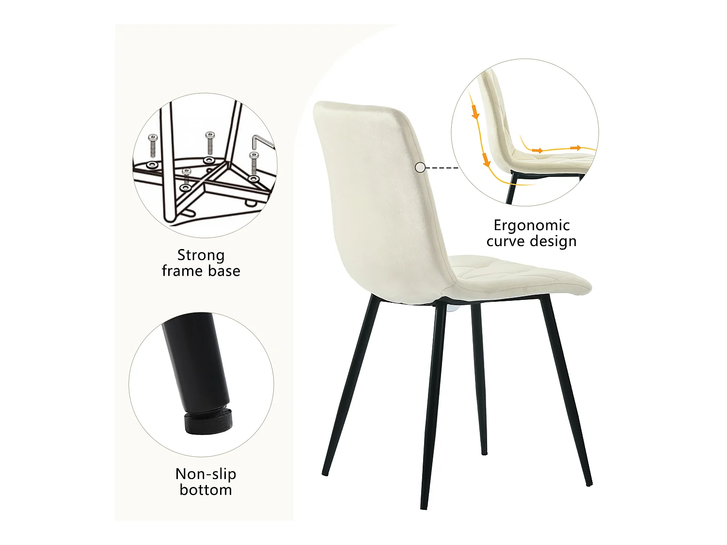 Conjunto de 4 cadeiras de jantar, bege, veludo, com encosto e pés de metal