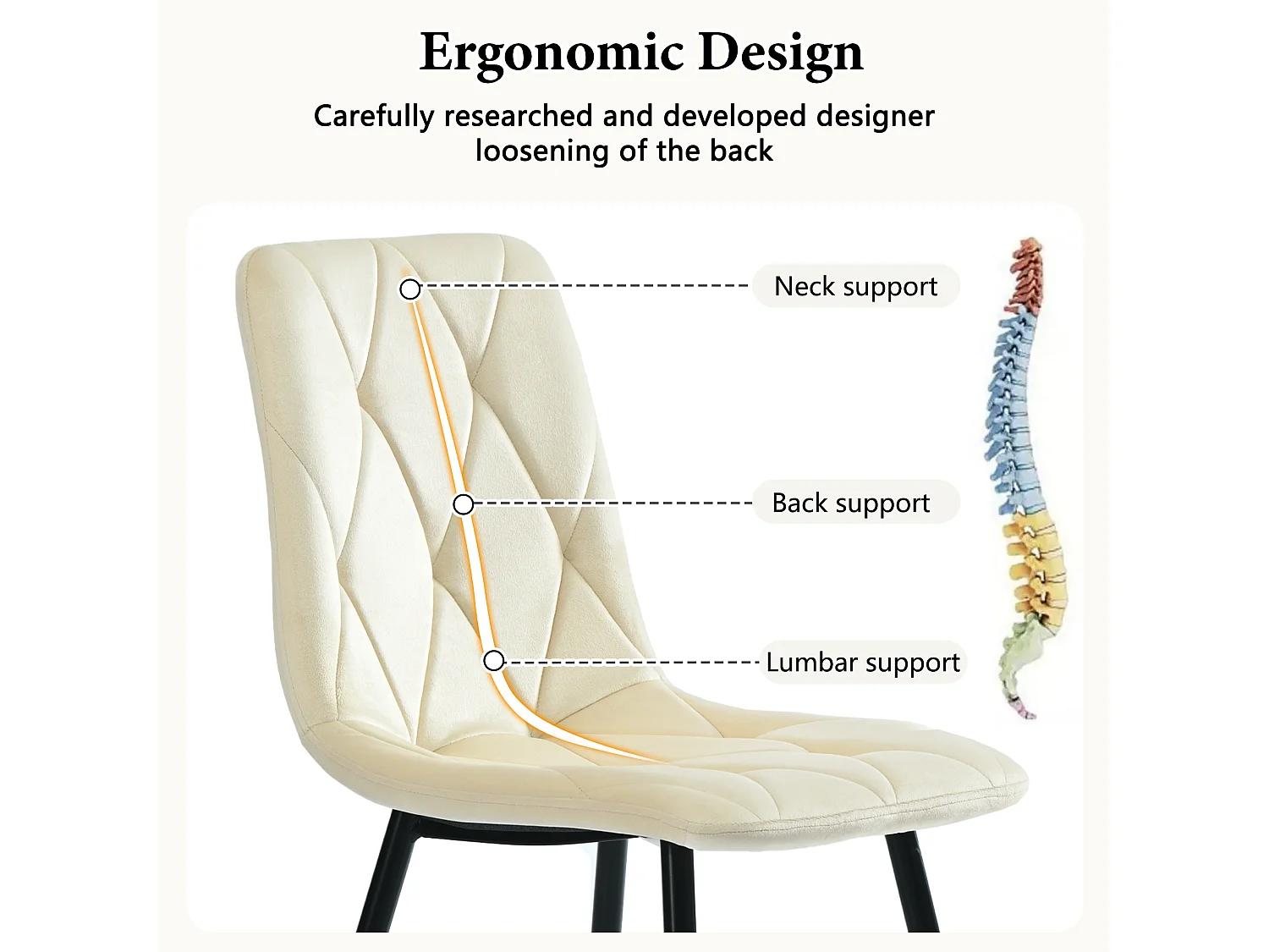 Lot de 4 chaises de salle à manger, Beige, en velours, avec dossier et pieds métalliques