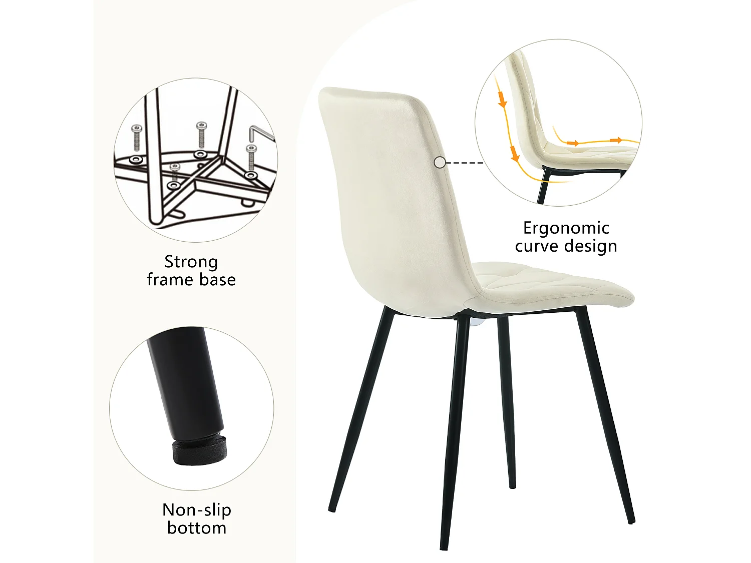 Lot de 4 chaises de salle à manger, Beige, en velours, avec dossier et pieds métalliques