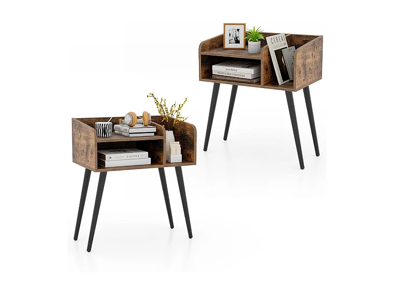 Set di 2 Comodini in stile moderno semplice ma pratico, Tavolini a 2 piani con mensole aperte Marrone rustico + Nero