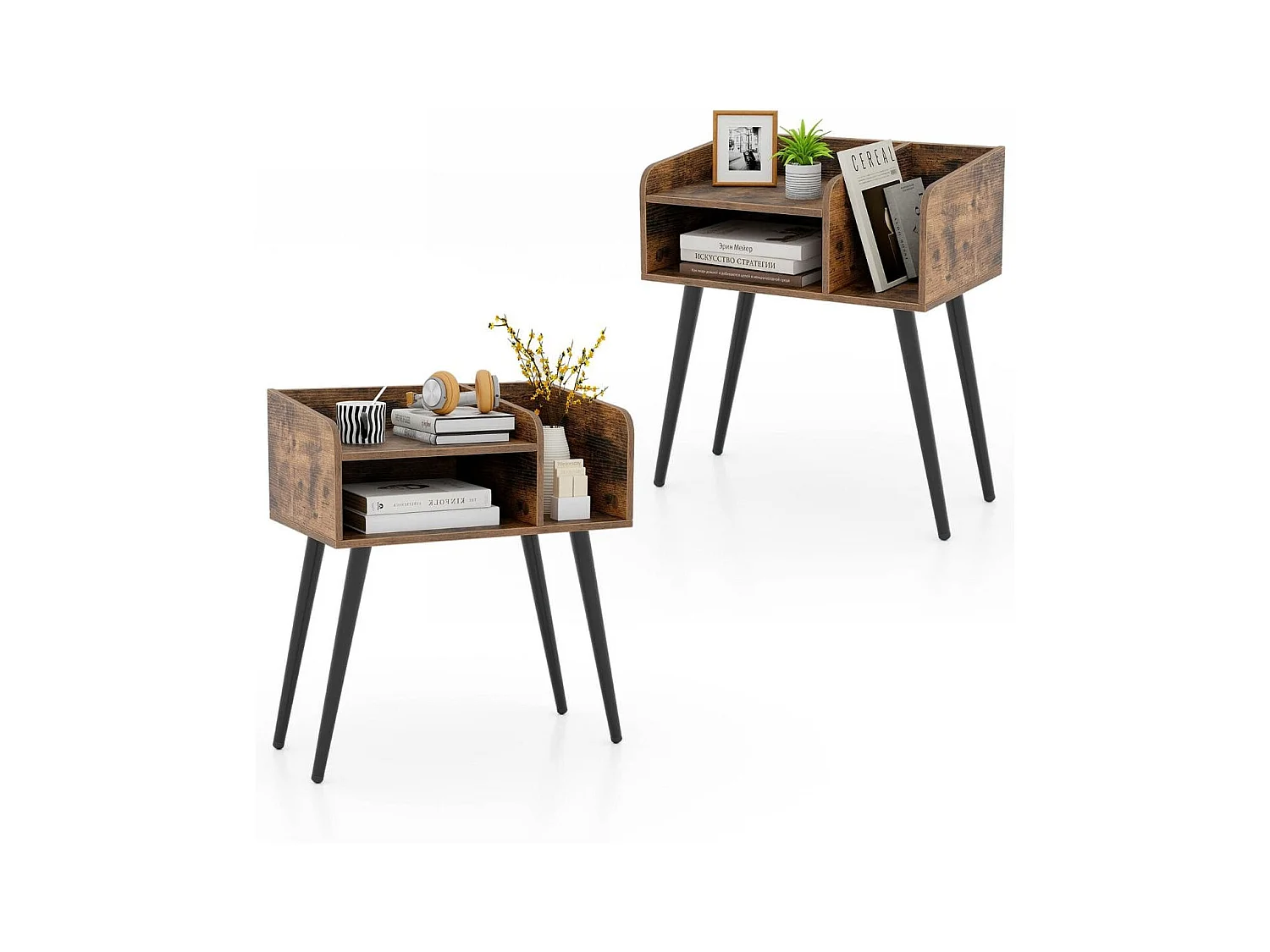 Nachttisch Beistelltisch mit offenem Fach Sofatisch mit Metallstützbeinen 50 x 32 x 58 cm Rustikalbraun 2 Stücke