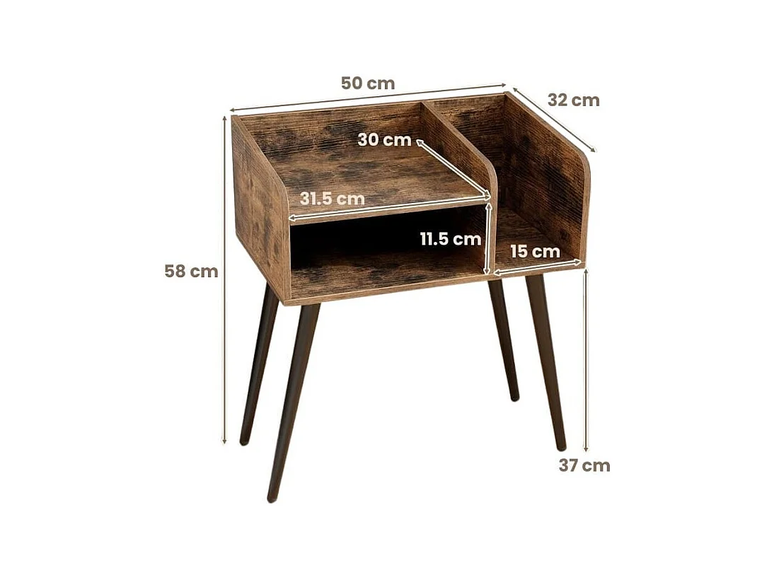 Nachttisch Beistelltisch mit offenem Fach Sofatisch mit Metallstützbeinen 50 x 32 x 58 cm Rustikalbraun 2 Stücke
