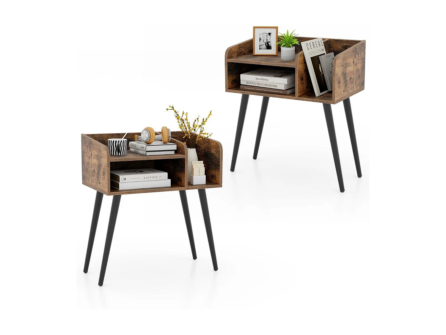 Nachttisch Beistelltisch mit offenem Fach Sofatisch mit Metallstützbeinen 50 x 32 x 58 cm Rustikalbraun 2 Stücke