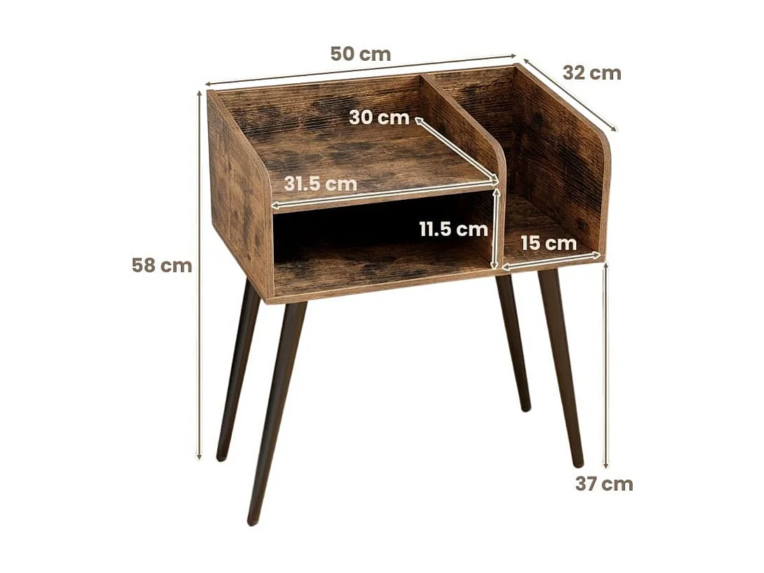 Nachttisch Beistelltisch mit offenem Fach Sofatisch mit Metallstützbeinen 50 x 32 x 58 cm Rustikalbraun 2 Stücke
