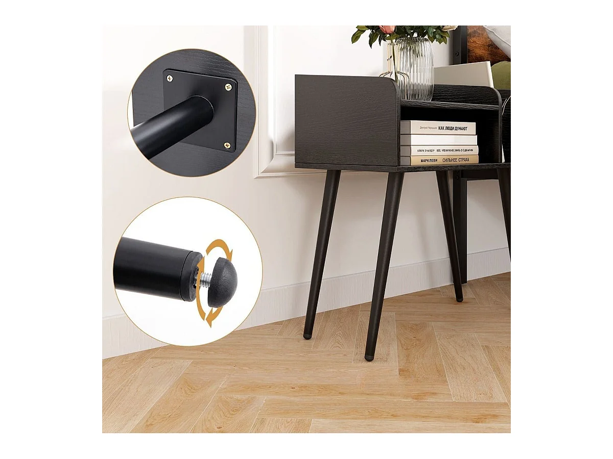 Set di 2 Comodini in stile moderno semplice ma pratico, Tavolini a 2 piani con mensole aperte Nero