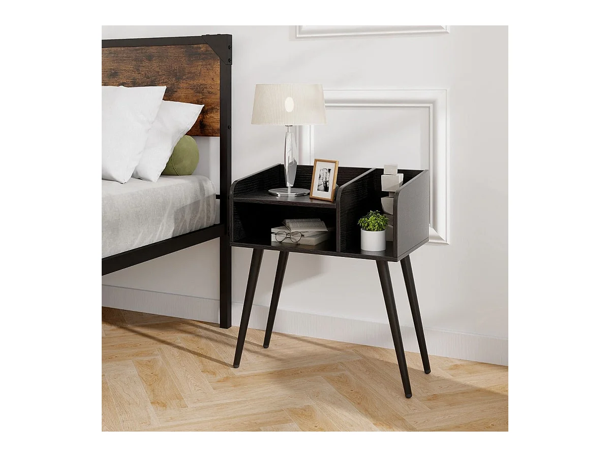 Set di 2 Comodini in stile moderno semplice ma pratico, Tavolini a 2 piani con mensole aperte Nero