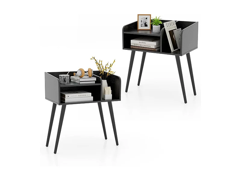 Set di 2 Comodini in stile moderno semplice ma pratico, Tavolini a 2 piani con mensole aperte Nero
