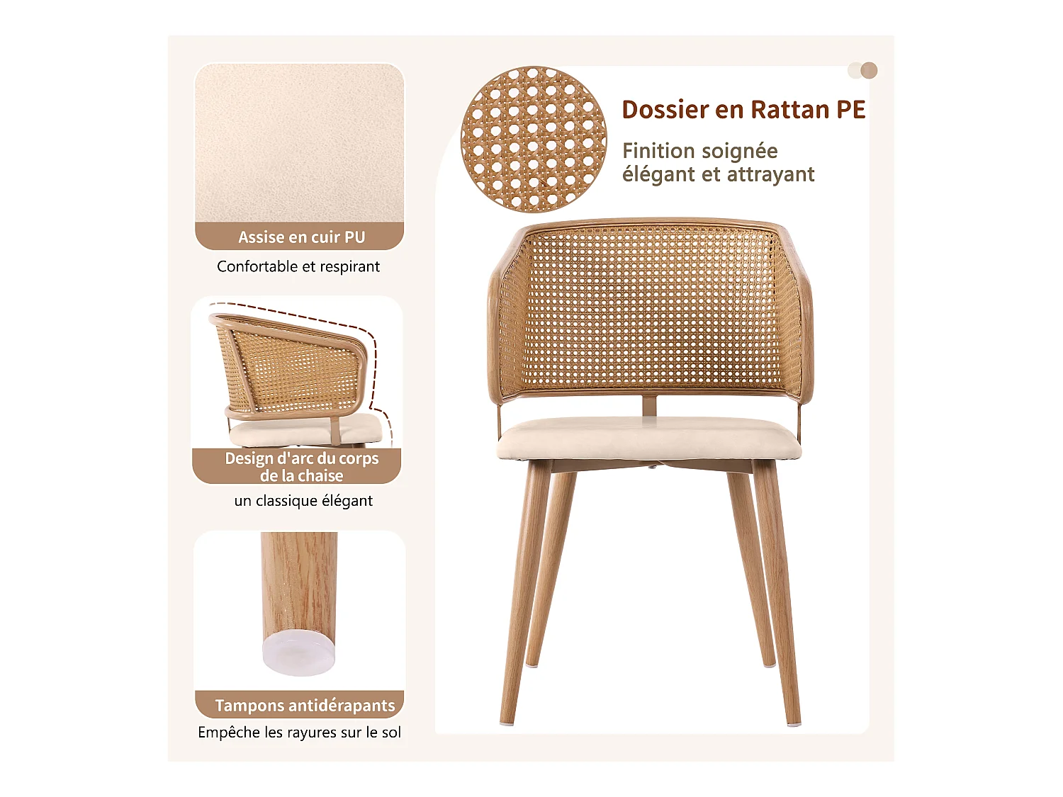 Lot de 2 chaises de salle à manger avec dossier en rotin, coussins d'assise en velours, beige