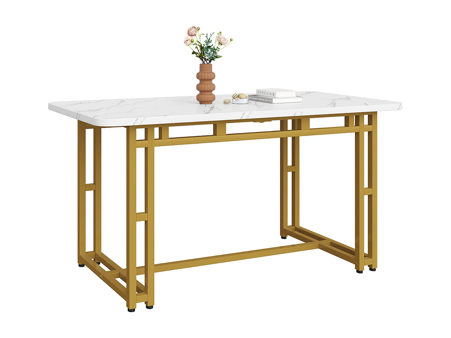 Mesa retangular de 120x70 cm, metal dourado, mesa moderna para sala de jantar e cozinha, pés de metal.