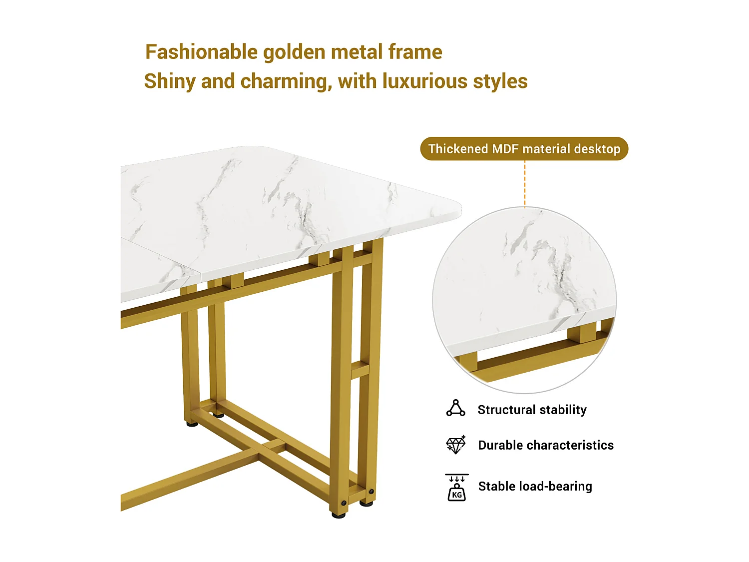 Mesa retangular de 120x70 cm, metal dourado, mesa moderna para sala de jantar e cozinha, pés de metal.