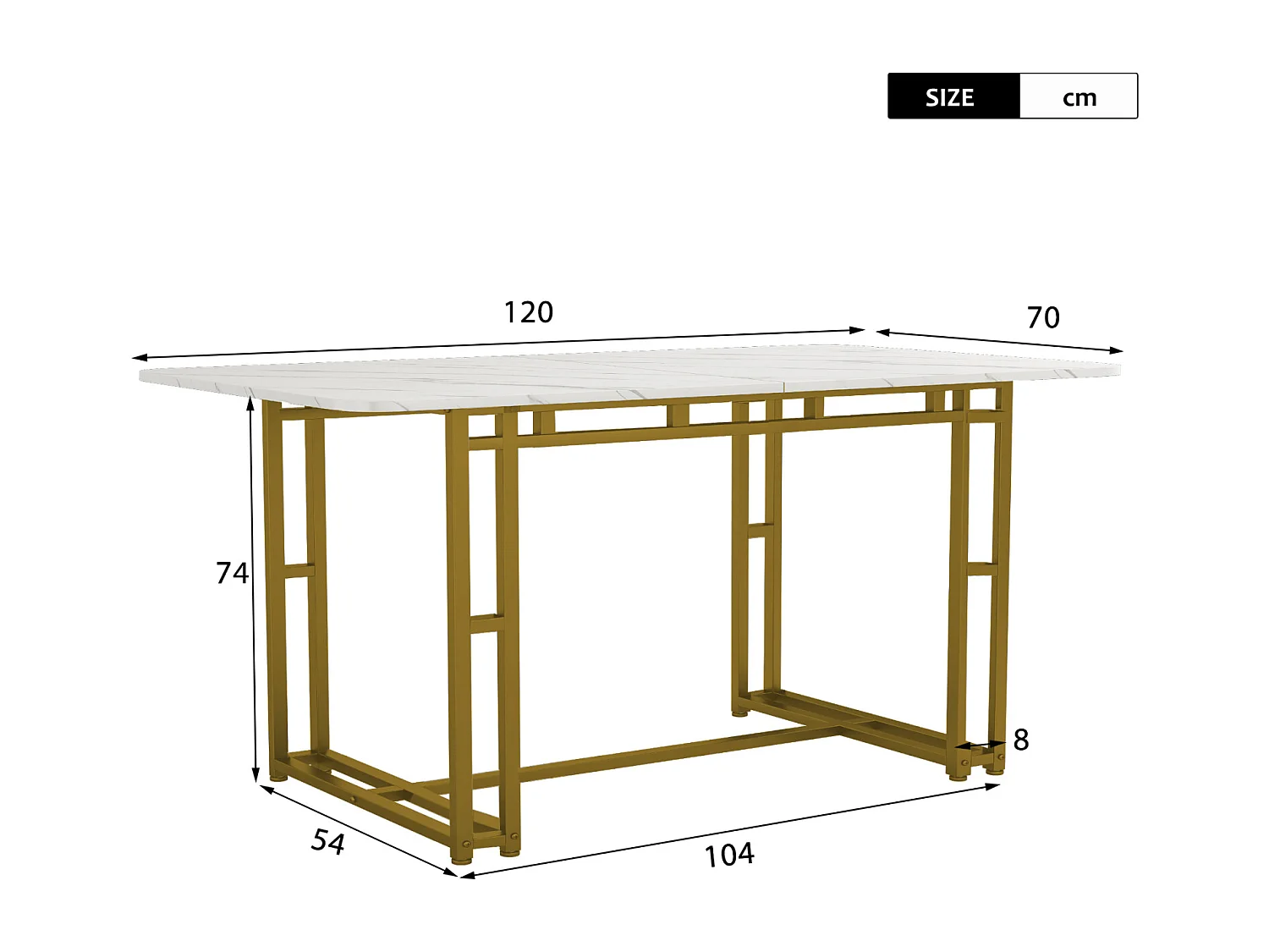 Mesa retangular de 120x70 cm, metal dourado, mesa moderna para sala de jantar e cozinha, pés de metal.