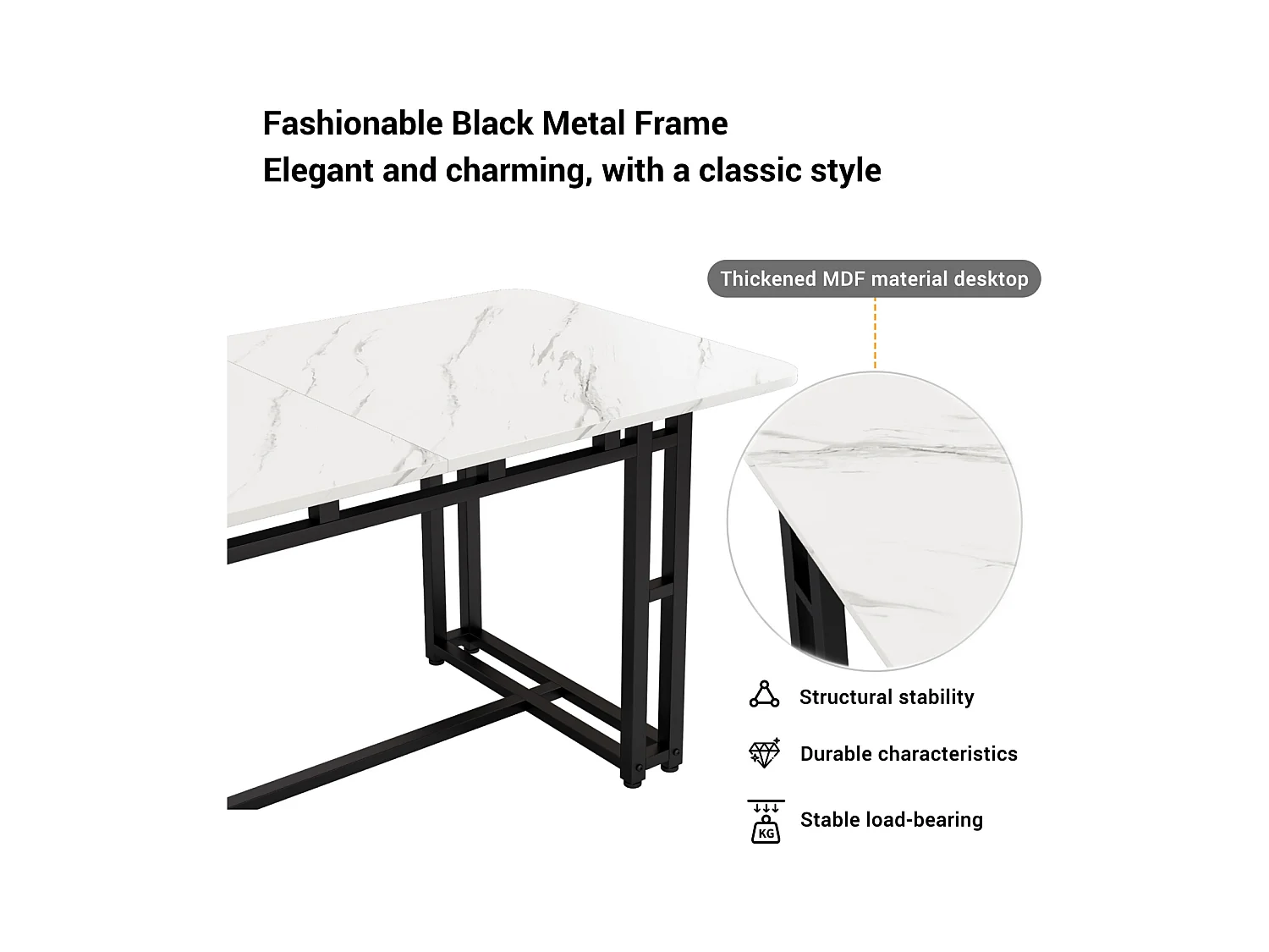 Mesa retangular 120x70 cm, pés de metal preto, moderna e elegante para sala de jantar e cozinha