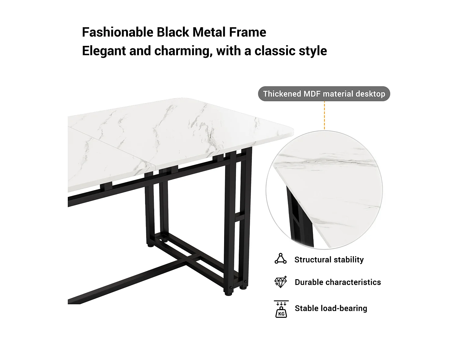 Table rectangulaire 120x70 cm, pieds noirs métalliques, moderne et élégante pour salle à manger et cuisine