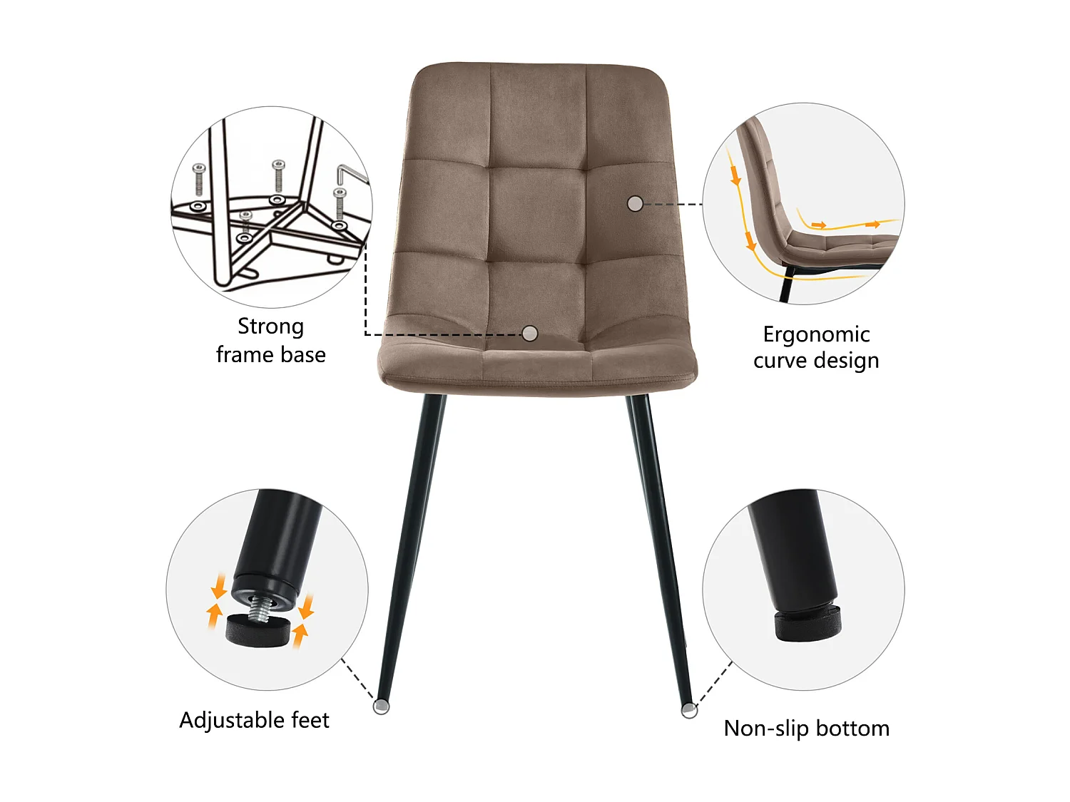 Lot de 4 chaises de salle à manger, Marron, assise en velours, dossier confortable, structure métal