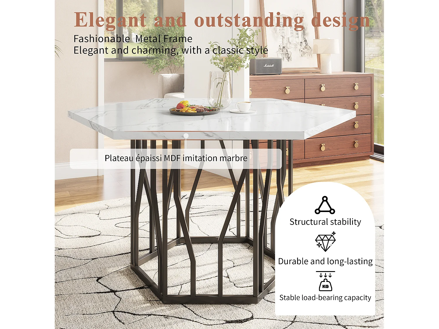 Mesa de centro hexagonal de mármol - Para salón y comedor - 115,5 x 100 x 75 cm - Negra