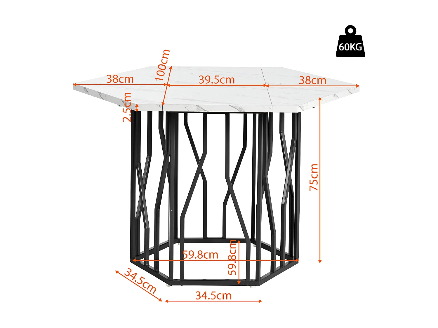 Mesa de centro hexagonal em mármore - Para sala de estar e sala de jantar - 115,5 x 100 x 75 cm - Preta