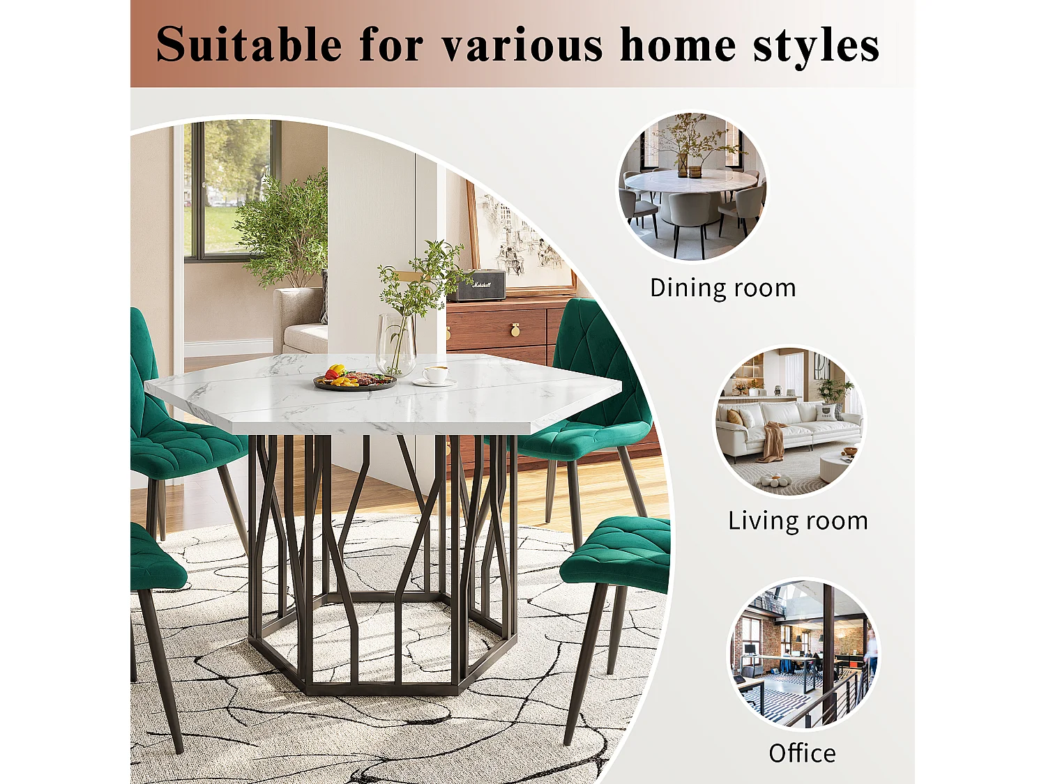 Mesa de centro hexagonal em mármore - Para sala de estar e sala de jantar - 115,5 x 100 x 75 cm - Preta