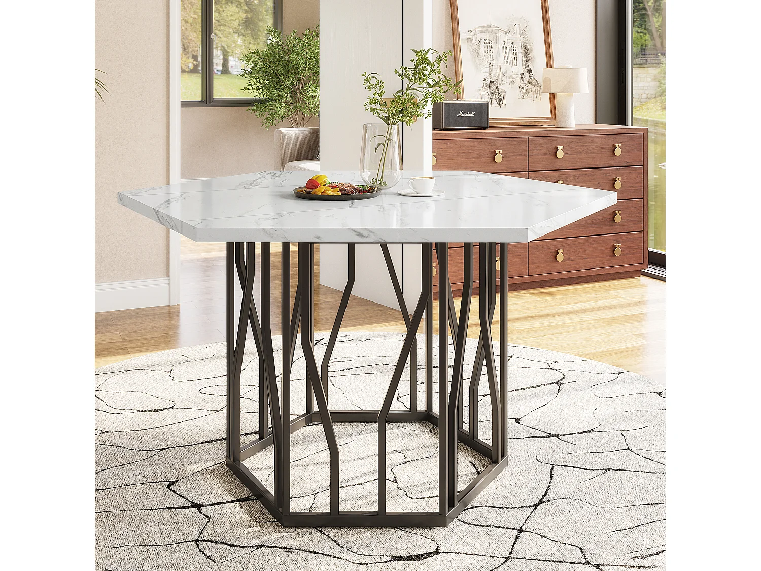 Mesa de centro hexagonal em mármore - Para sala de estar e sala de jantar - 115,5 x 100 x 75 cm - Preta