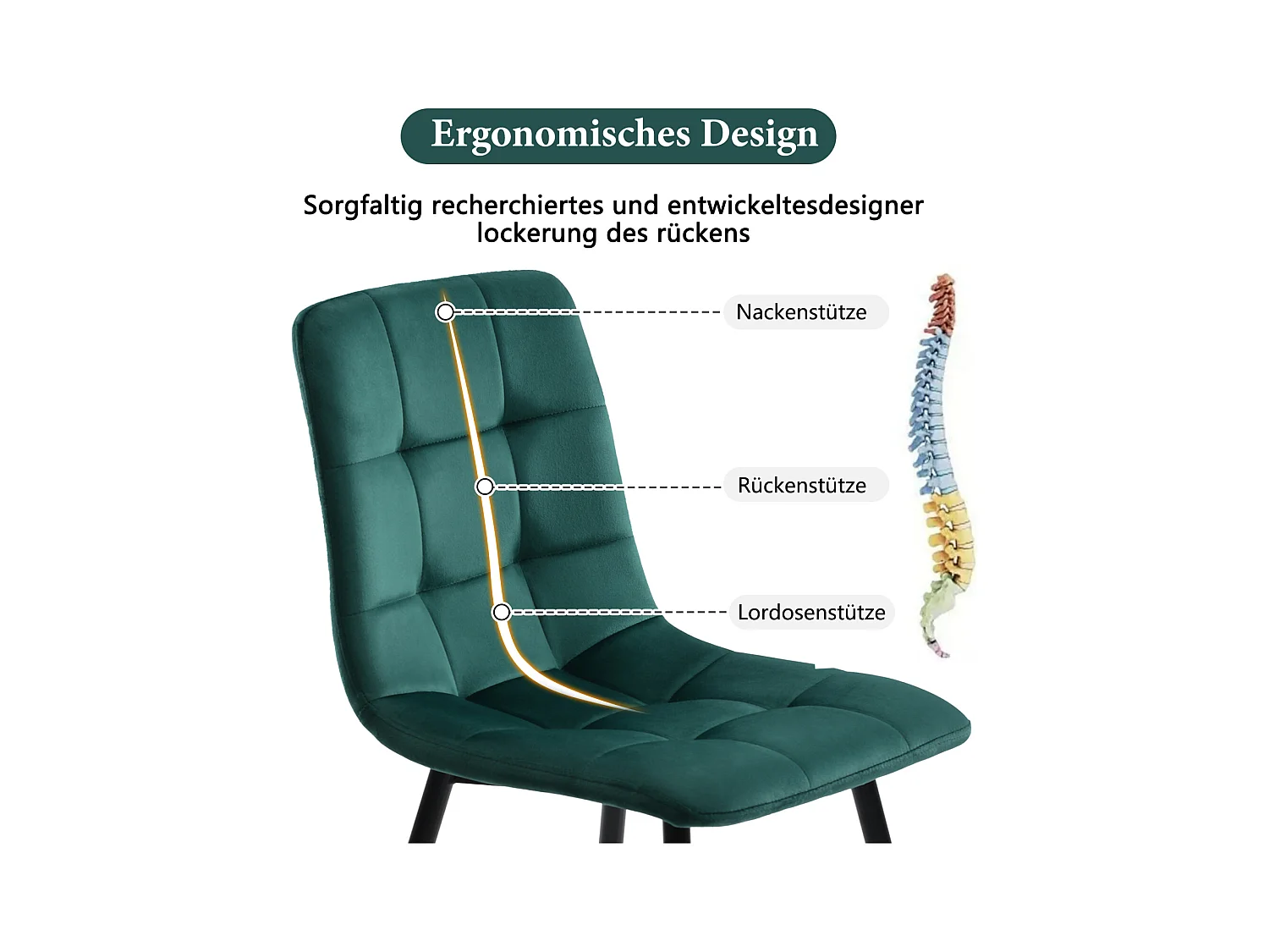 Juego de 4 sillas de comedor, color verde, asiento de terciopelo, respaldo cómodo, estructura de metal.